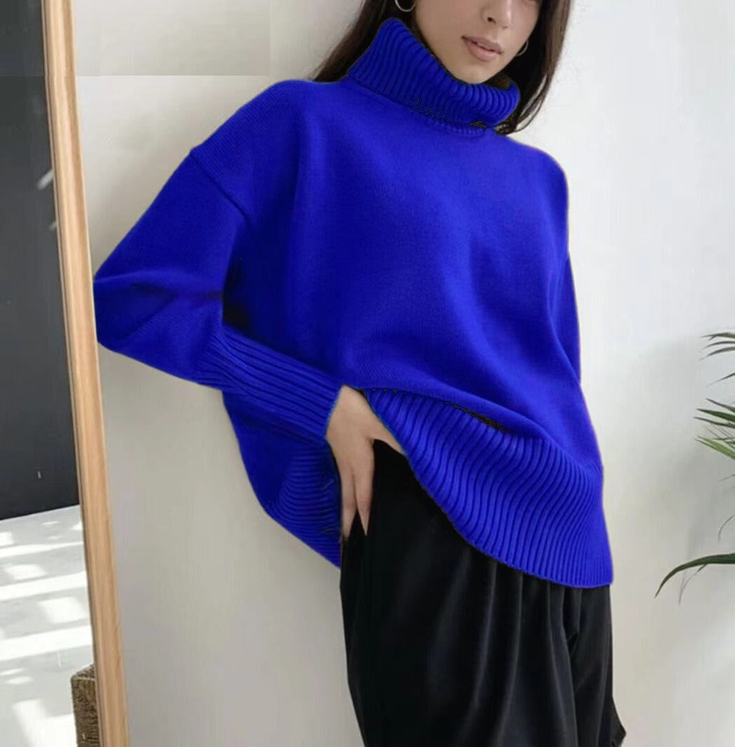 Women's Elegant Turtleneck Sweater with Lantern Sleeves Cotton