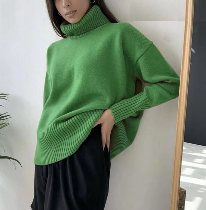 Women's Elegant Turtleneck Sweater with Lantern Sleeves Cotton