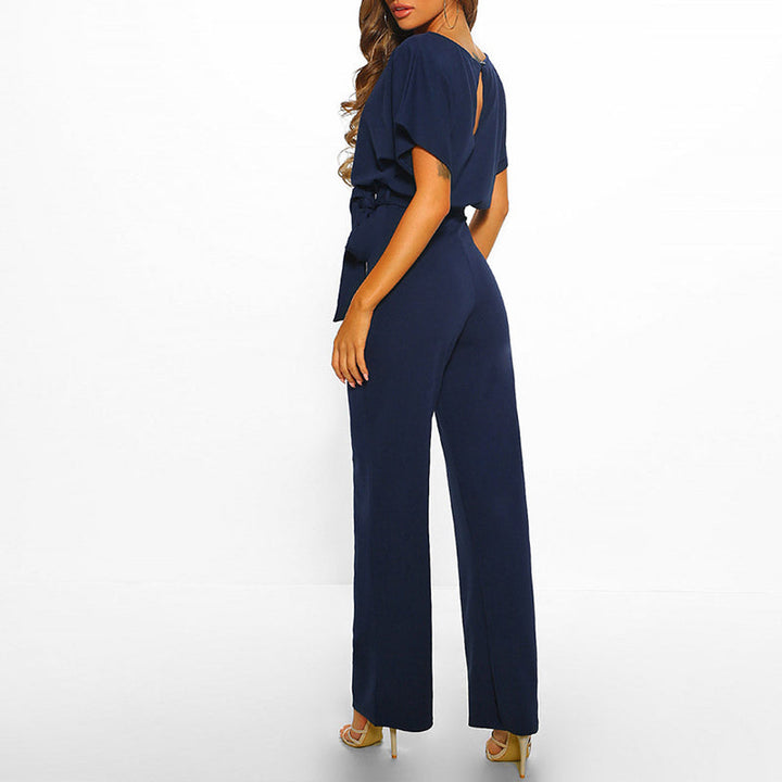 Wide Leg Jumpsuit for Women - Short Sleeve with Belted Waist 1