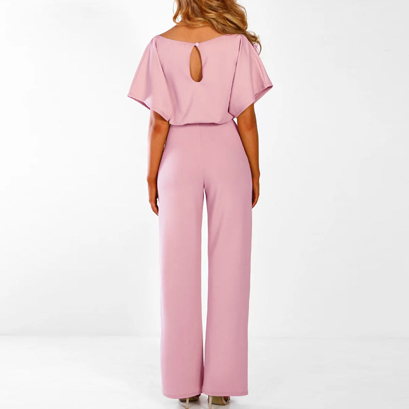Wide Leg Jumpsuit for Women - Short Sleeve with Belted Waist 2