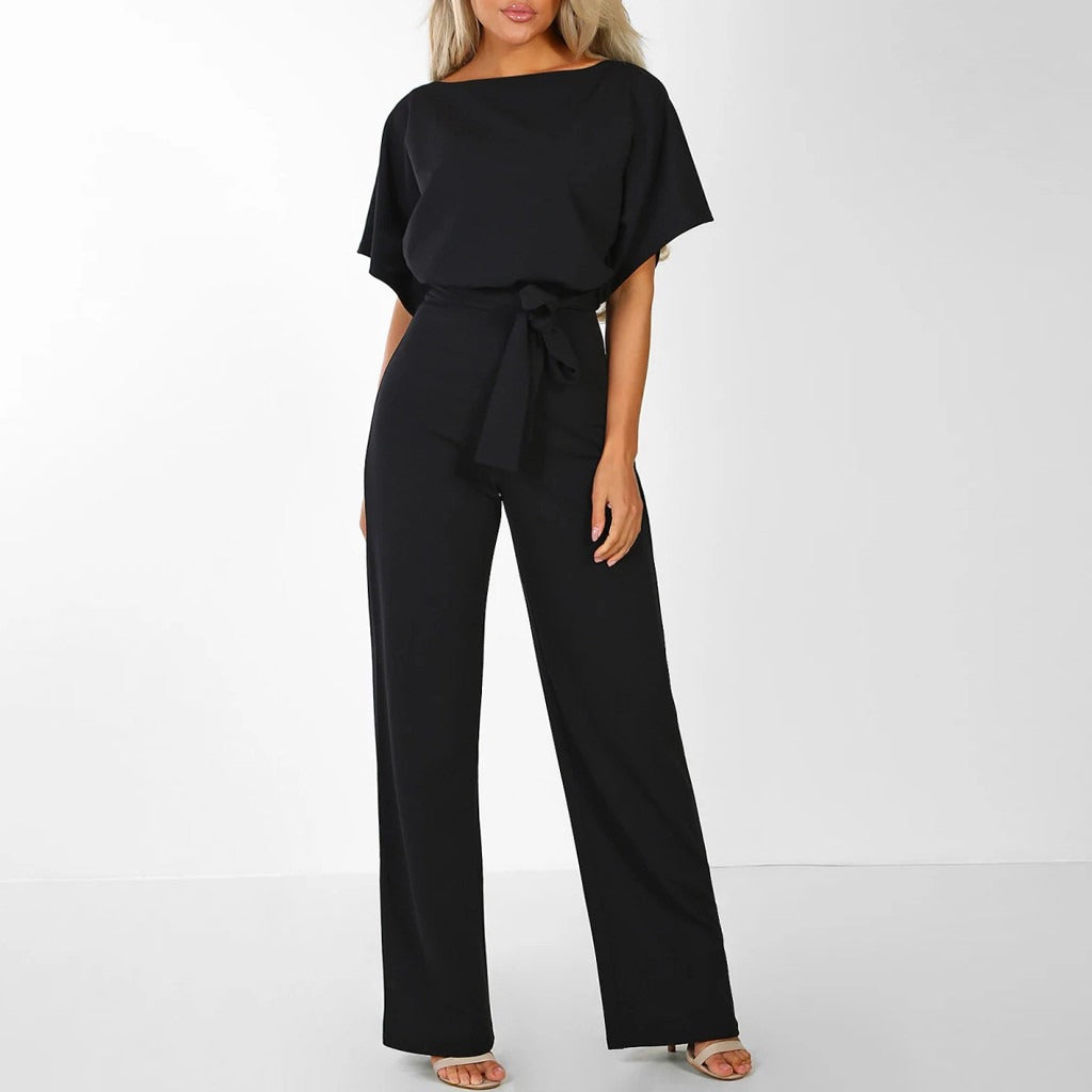 Wide Leg Jumpsuit for Women - Short Sleeve with Belted Waist 3
