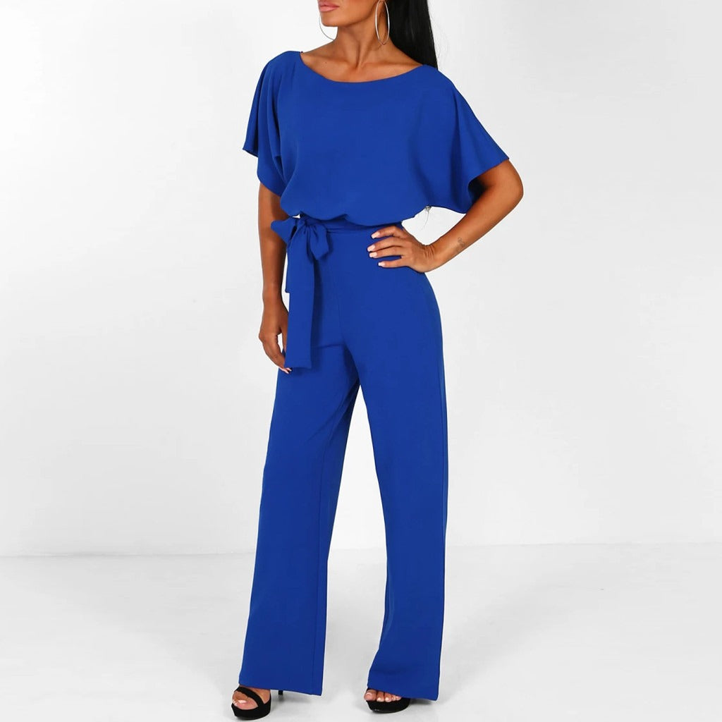 Wide Leg Jumpsuit for Women - Short Sleeve with Belted Waist 4