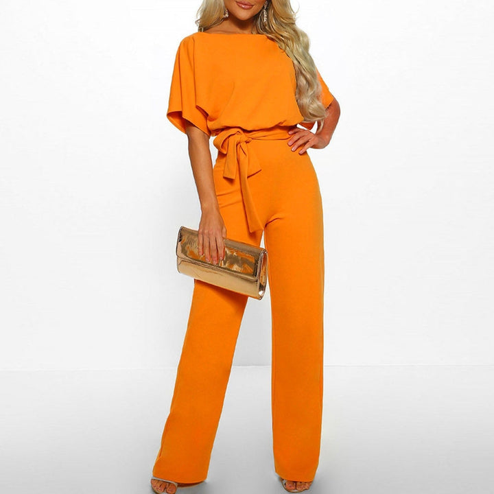 Wide Leg Jumpsuit for Women - Short Sleeve with Belted Waist 8