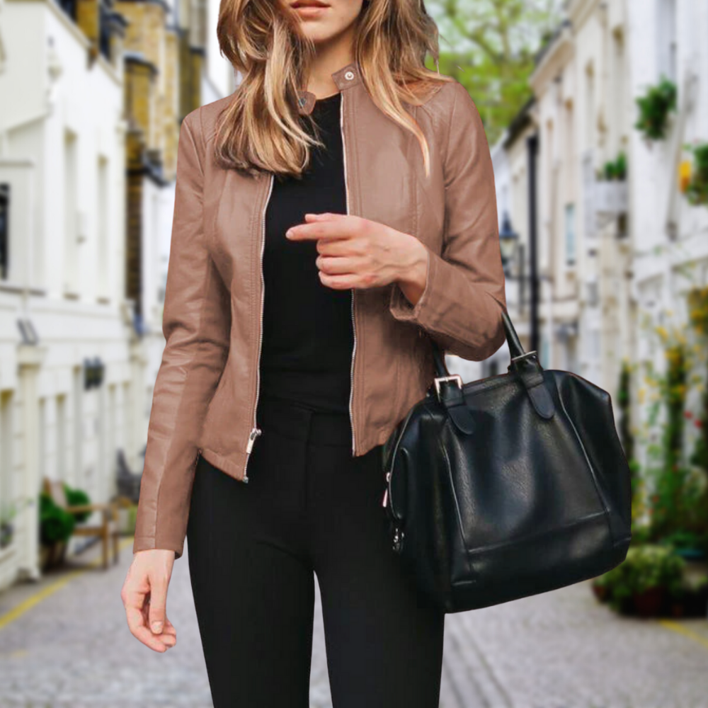 Women's Biker Leather Jacket with Stand-Up Collar and Slim Zip Closure - Stylish Women's Jacket for Everyday Wear 1