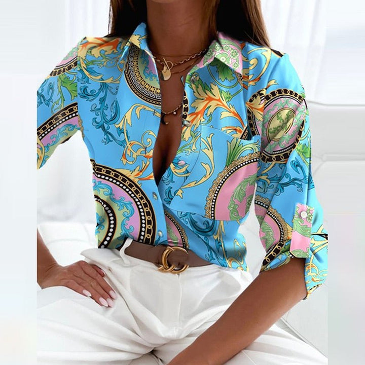 Women's Blouse - Slim Fit Lapel Neck Long Sleeve Top with Graphic Print for Office and Casual Wear 6