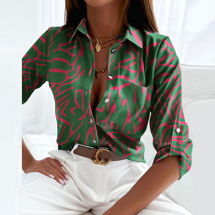 Women's Blouse - Slim Fit Lapel Neck Long Sleeve Top with Graphic Print for Office and Casual Wear 9