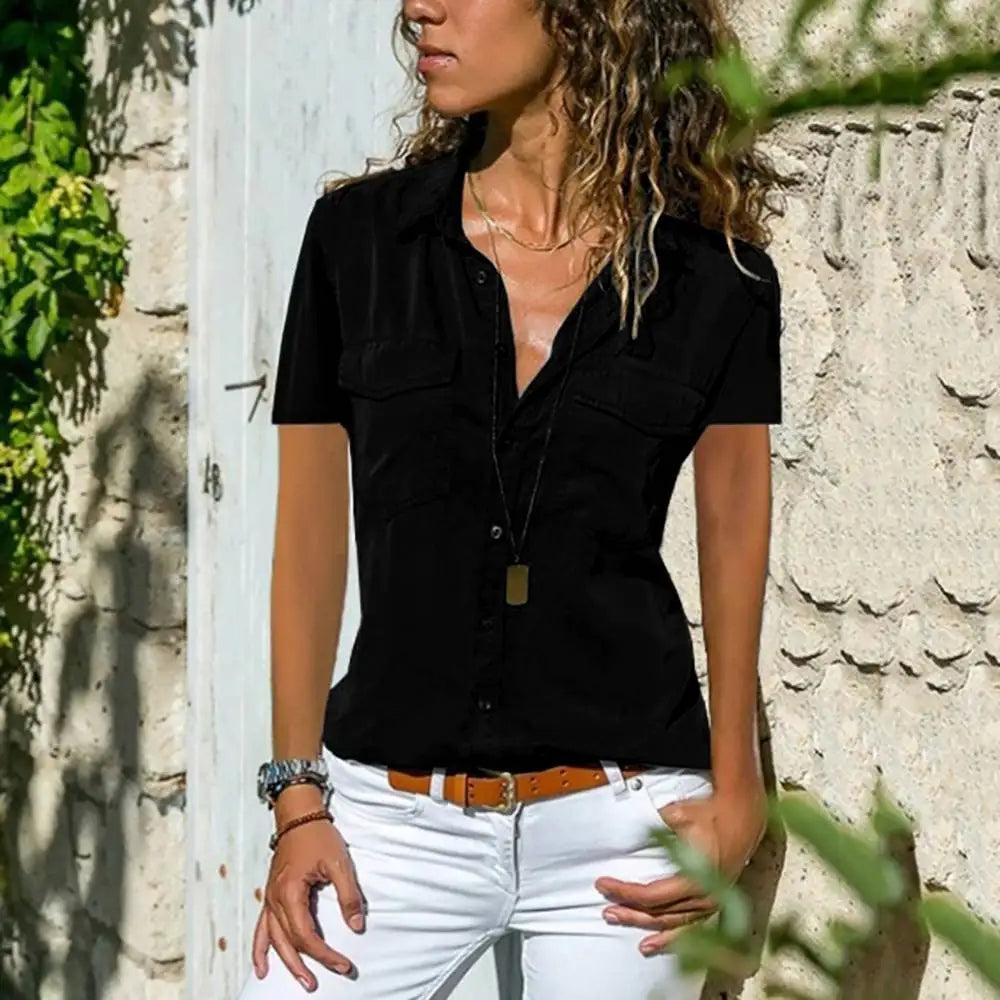 Women's Blouse, Short Sleeve Button-Up with Structured Fit and Front Pockets for Effortless Style 2