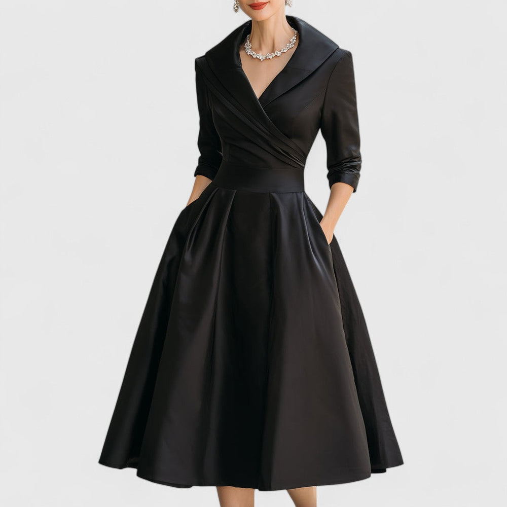 Women's Elegant V-Neck Midi Dress with Crisscross Bodice and Pockets - Formal Dresses for Any Occasion 1