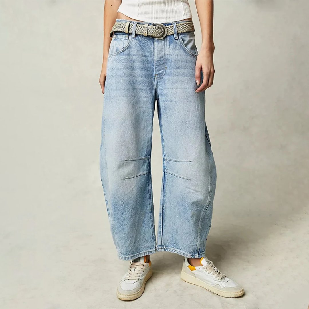 Women's High-Waist Barrel-Leg Relaxed Fit Jeans Sculptural Denim Pants 0