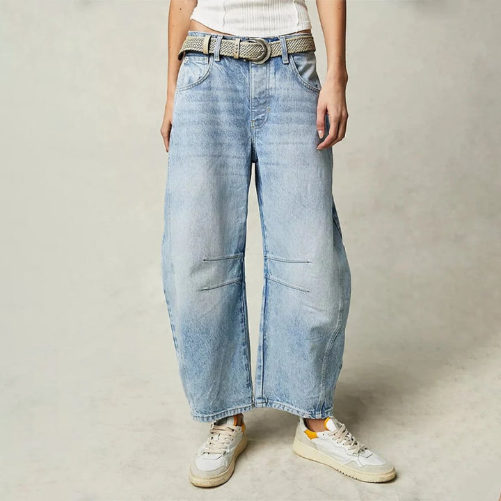 Women's High-Waist Barrel-Leg Relaxed Fit Jeans Sculptural Denim Pants 0