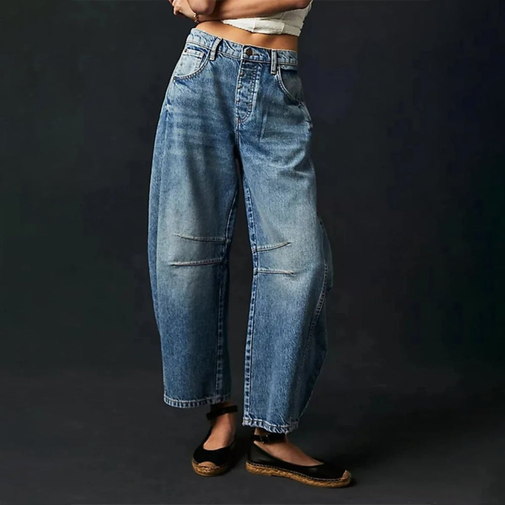 Women's High-Waist Barrel-Leg Relaxed Fit Jeans Sculptural Denim Pants 1