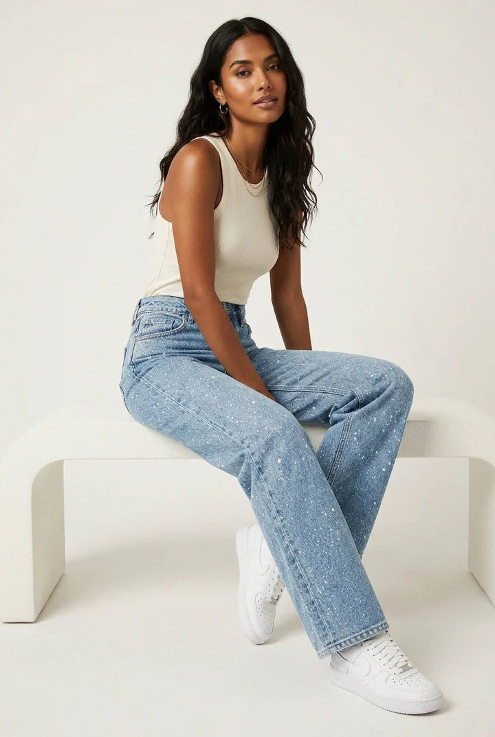 Women’s High-Waist Straight-Leg Glitter Jeans Slim Fit Stylish Denim 0