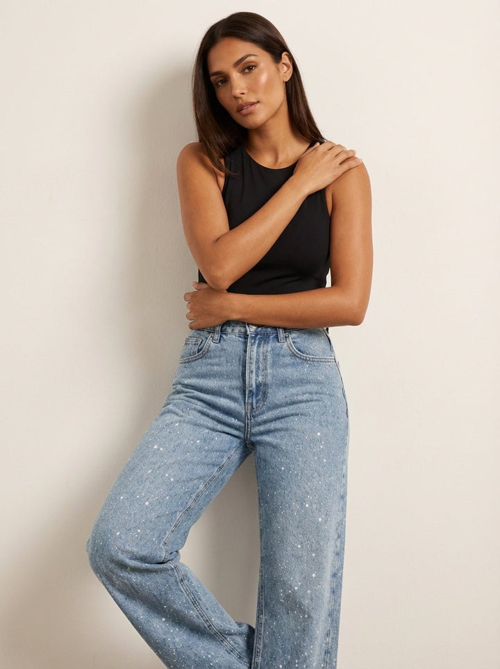 Women’s High-Waist Straight-Leg Glitter Jeans Slim Fit Stylish Denim 4