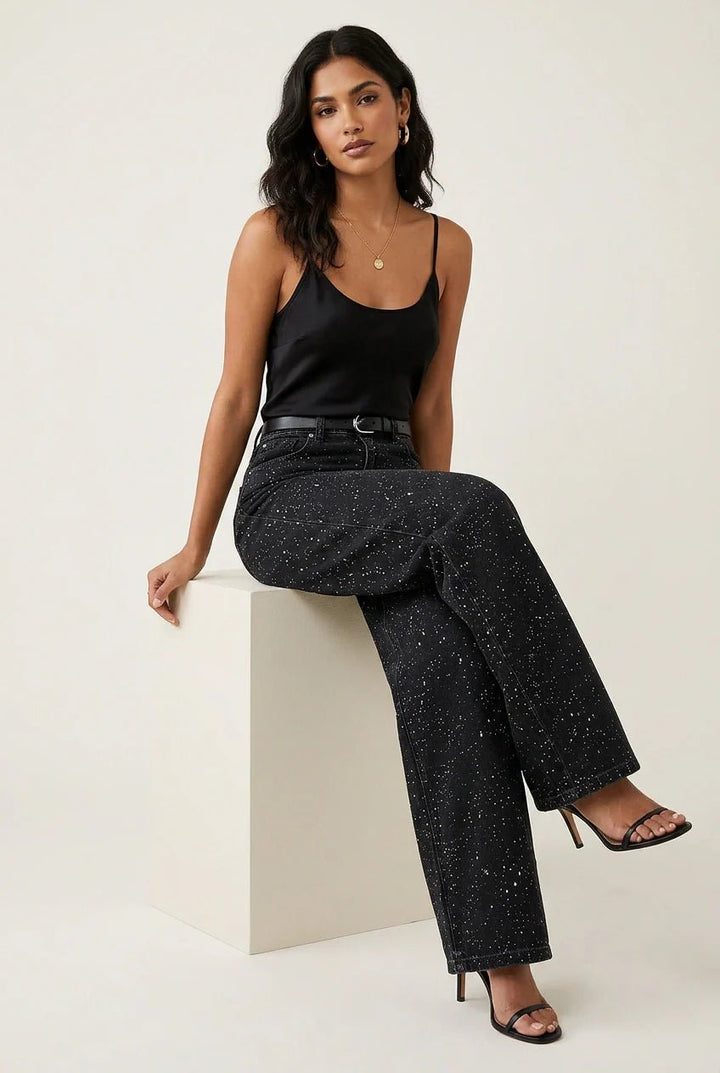 Women’s High-Waist Straight-Leg Glitter Jeans Slim Fit Stylish Denim 8