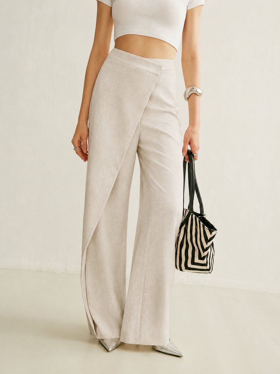Women's High-Waist Wide-Leg Pants with Asymmetrical Wrap Front for Elegant Casual Wear 0