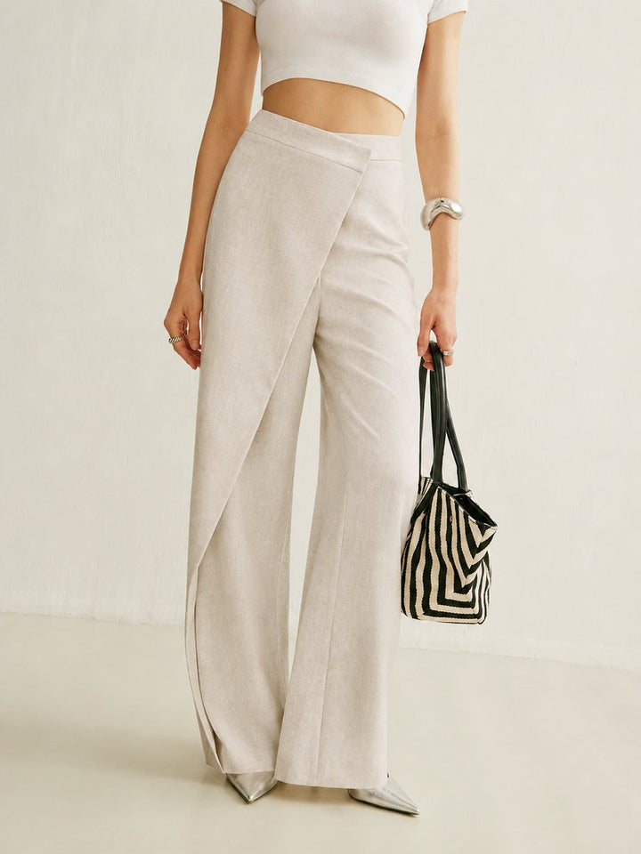 Women's High-Waist Wide-Leg Pants with Asymmetrical Wrap Front for Elegant Casual Wear 0