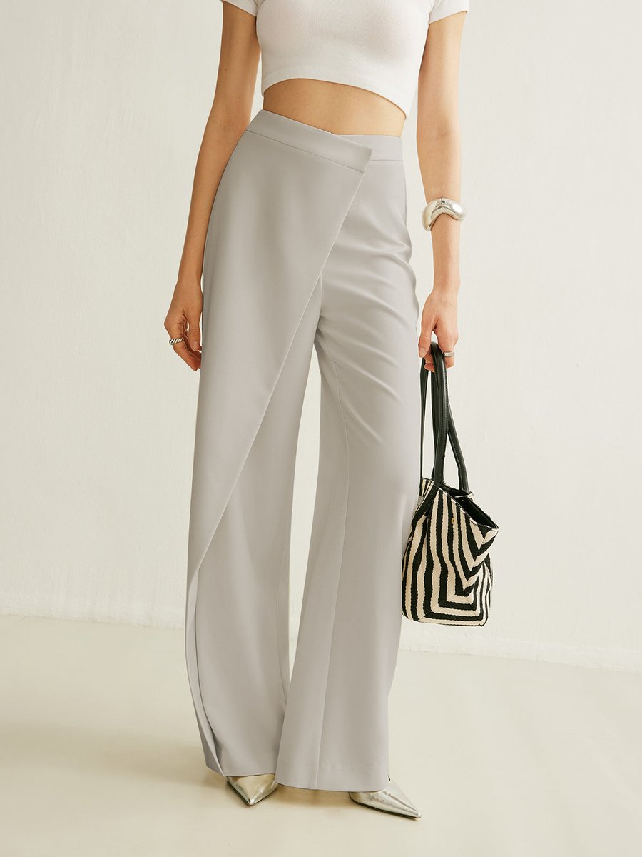 Women's High-Waist Wide-Leg Pants with Asymmetrical Wrap Front for Elegant Casual Wear 1