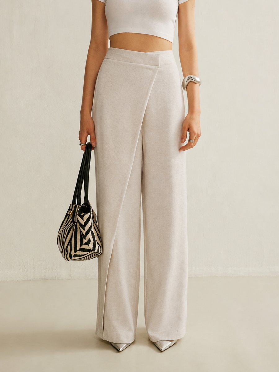 Women's High-Waist Wide-Leg Pants with Asymmetrical Wrap Front for Elegant Casual Wear 2