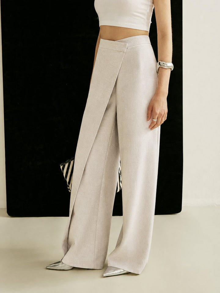 Women's High-Waist Wide-Leg Pants with Asymmetrical Wrap Front for Elegant Casual Wear 3