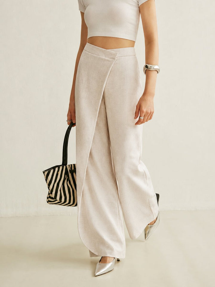 Women's High-Waist Wide-Leg Pants with Asymmetrical Wrap Front for Elegant Casual Wear 4