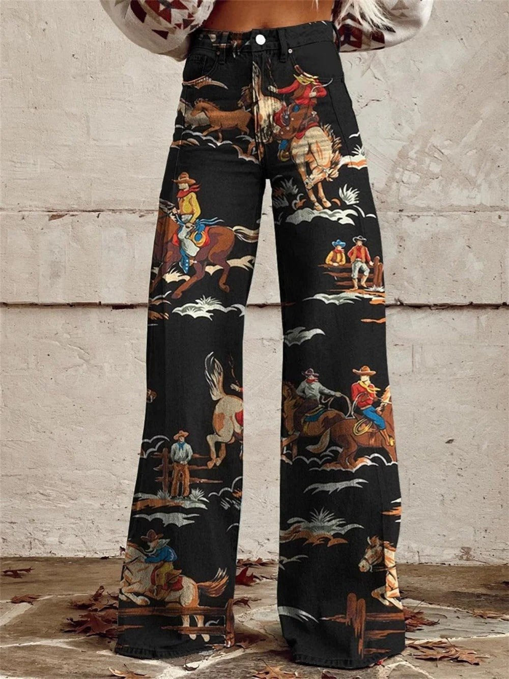 Women’s High-Waist Wide-Leg Western Print Denim Trousers Vintage Style 0