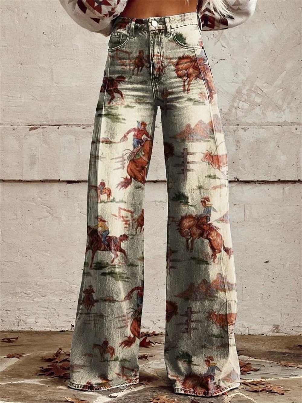 Women’s High-Waist Wide-Leg Western Print Denim Trousers Vintage Style 1