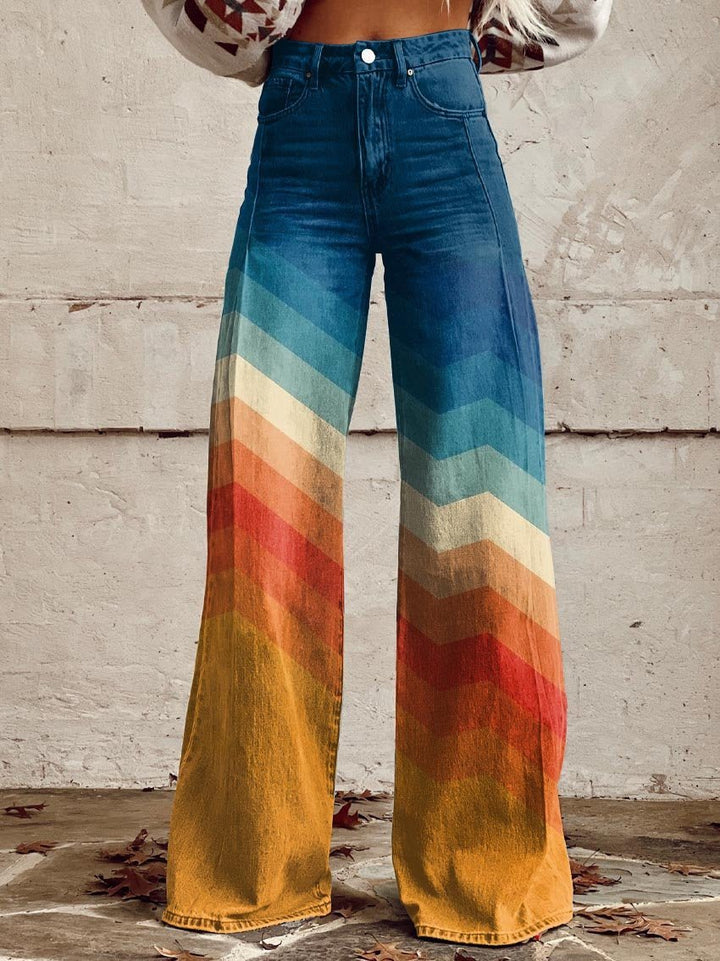 Women's High-Waisted Wide-Leg Jeans with Chevron Gradient Sunset Pattern 0