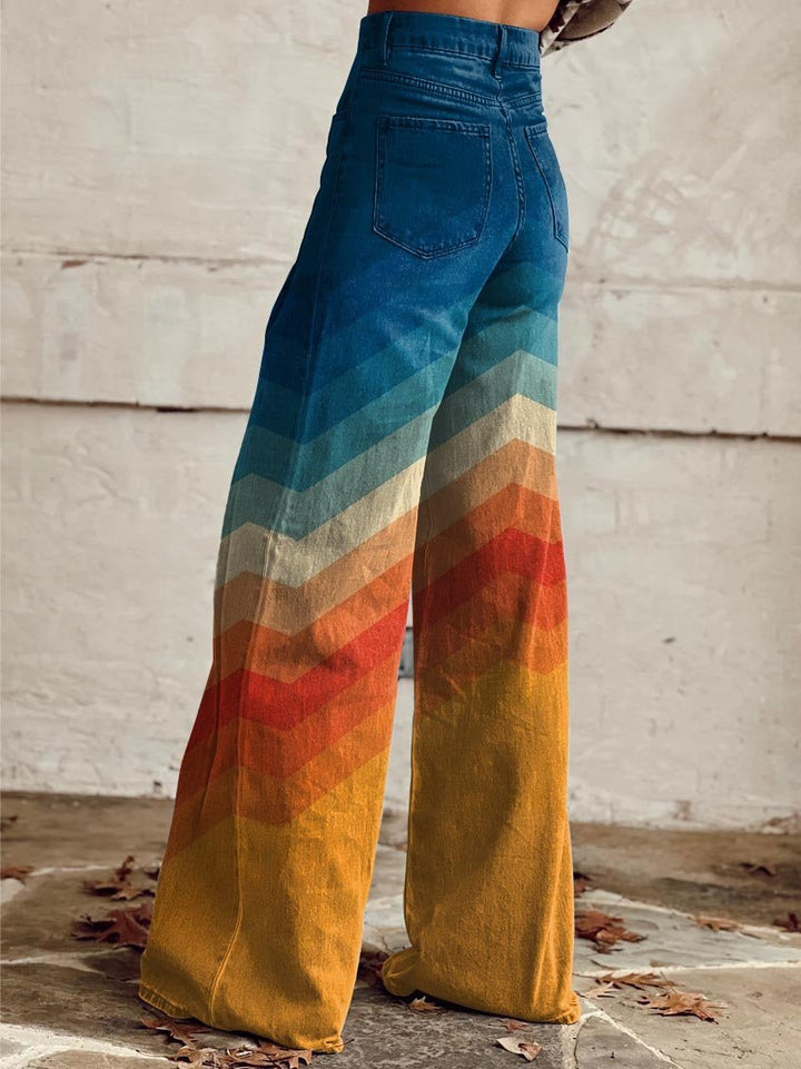 Women's High-Waisted Wide-Leg Jeans with Chevron Gradient Sunset Pattern 1
