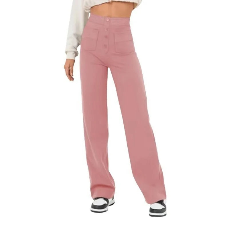 Women's High-Waisted Wide-Leg Trousers with Patch Pockets for Casual and Office Wear 0