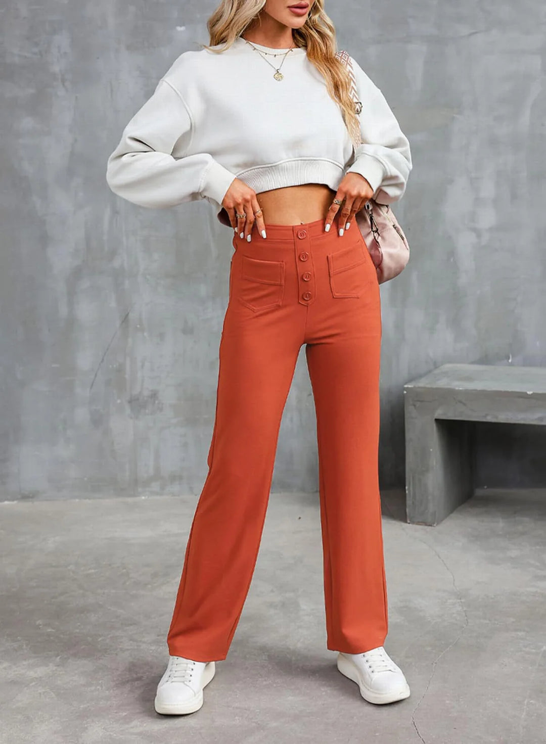 Women's High-Waisted Wide-Leg Trousers with Patch Pockets for Casual and Office Wear 10