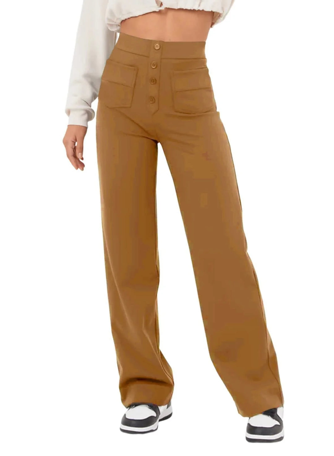 Women's High-Waisted Wide-Leg Trousers with Patch Pockets for Casual and Office Wear 11