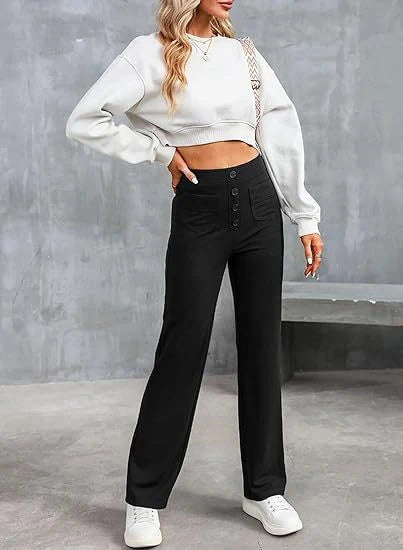 Women's High-Waisted Wide-Leg Trousers with Patch Pockets for Casual and Office Wear 12