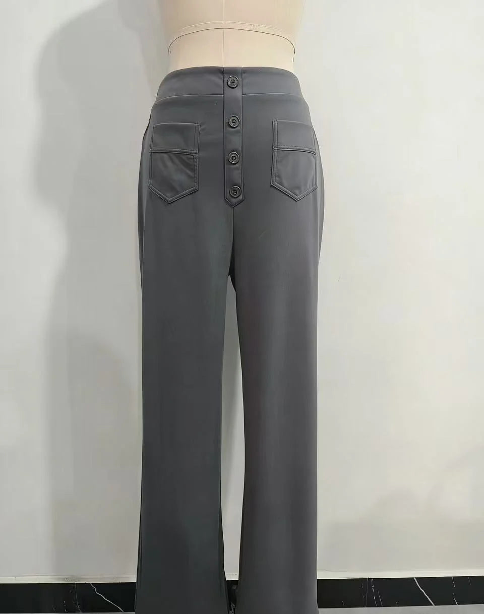 Women's High-Waisted Wide-Leg Trousers with Patch Pockets for Casual and Office Wear 13