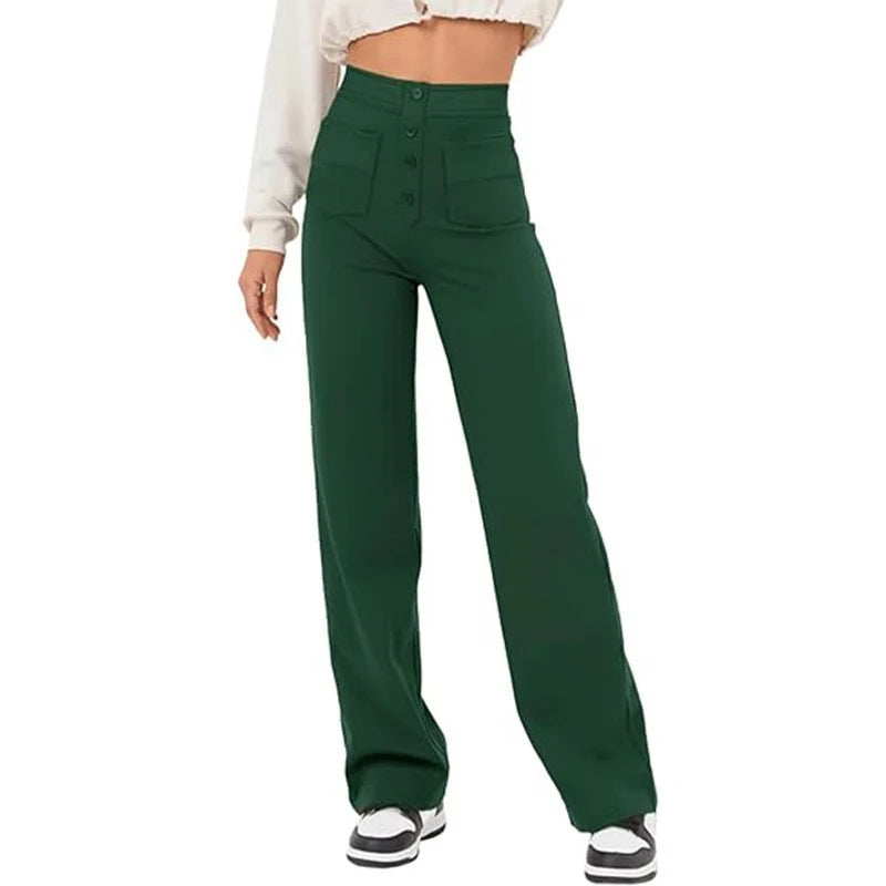 Women's High-Waisted Wide-Leg Trousers with Patch Pockets for Casual and Office Wear 14