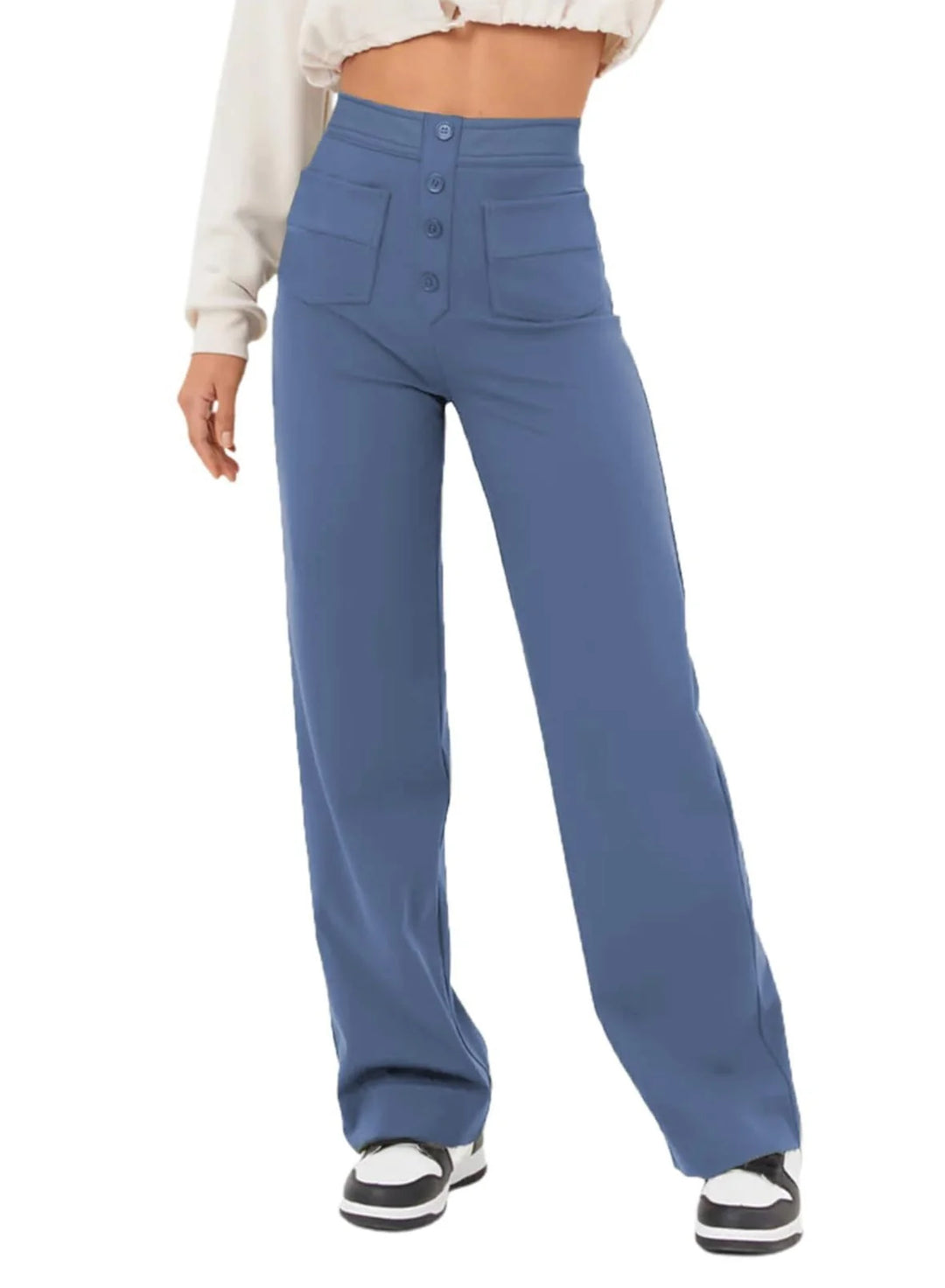 Women's High-Waisted Wide-Leg Trousers with Patch Pockets for Casual and Office Wear 15