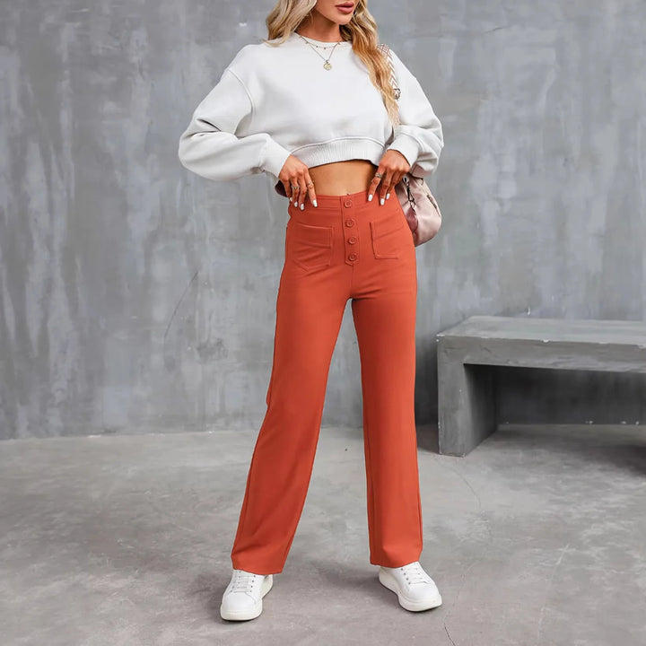 Women's High-Waisted Wide-Leg Trousers with Patch Pockets for Casual and Office Wear 3
