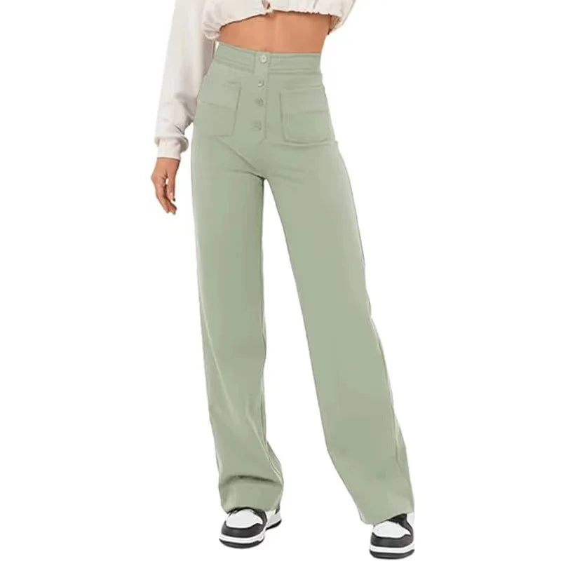 Women's High-Waisted Wide-Leg Trousers with Patch Pockets for Casual and Office Wear 4