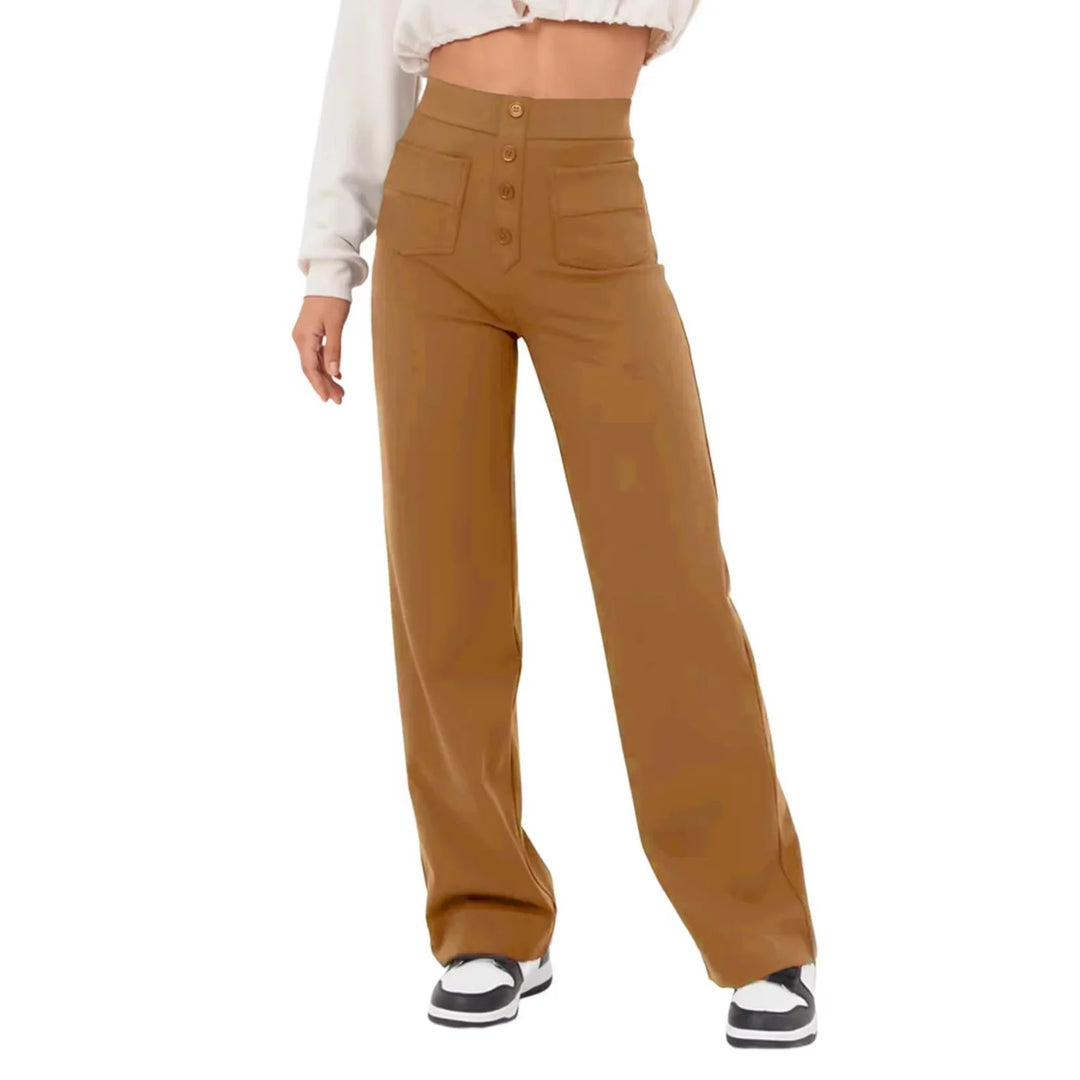 Women's High-Waisted Wide-Leg Trousers with Patch Pockets for Casual and Office Wear 5