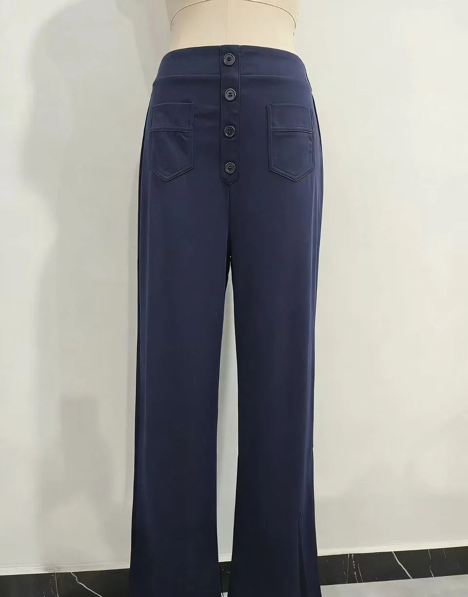 Women's High-Waisted Wide-Leg Trousers with Patch Pockets for Casual and Office Wear 6