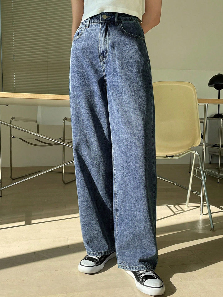 Women's High-Waisted Wide Leg Jeans - Medium Blue Washed Denim, Relaxed Fit for Effortless Style 0