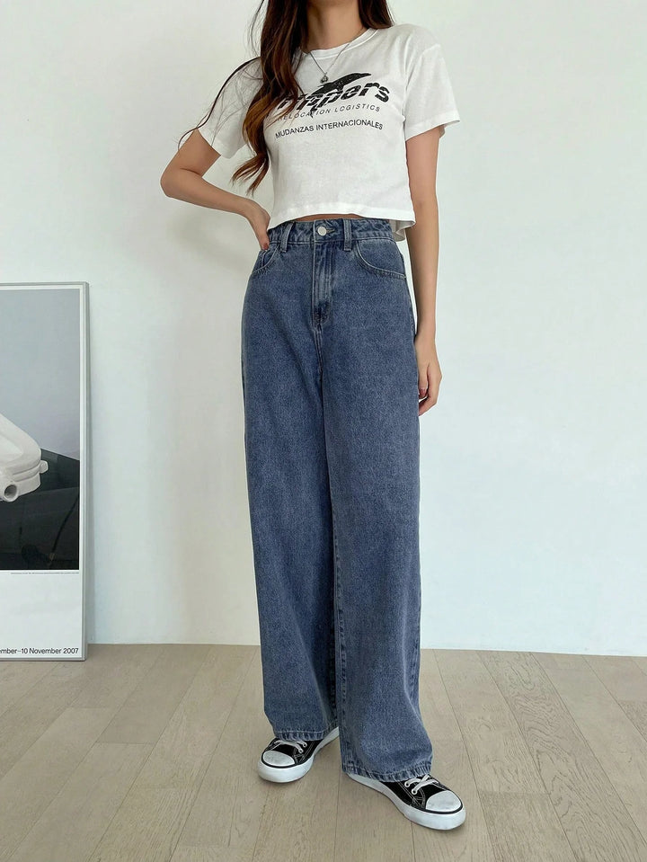 Women's High-Waisted Wide Leg Jeans - Medium Blue Washed Denim, Relaxed Fit for Effortless Style 1