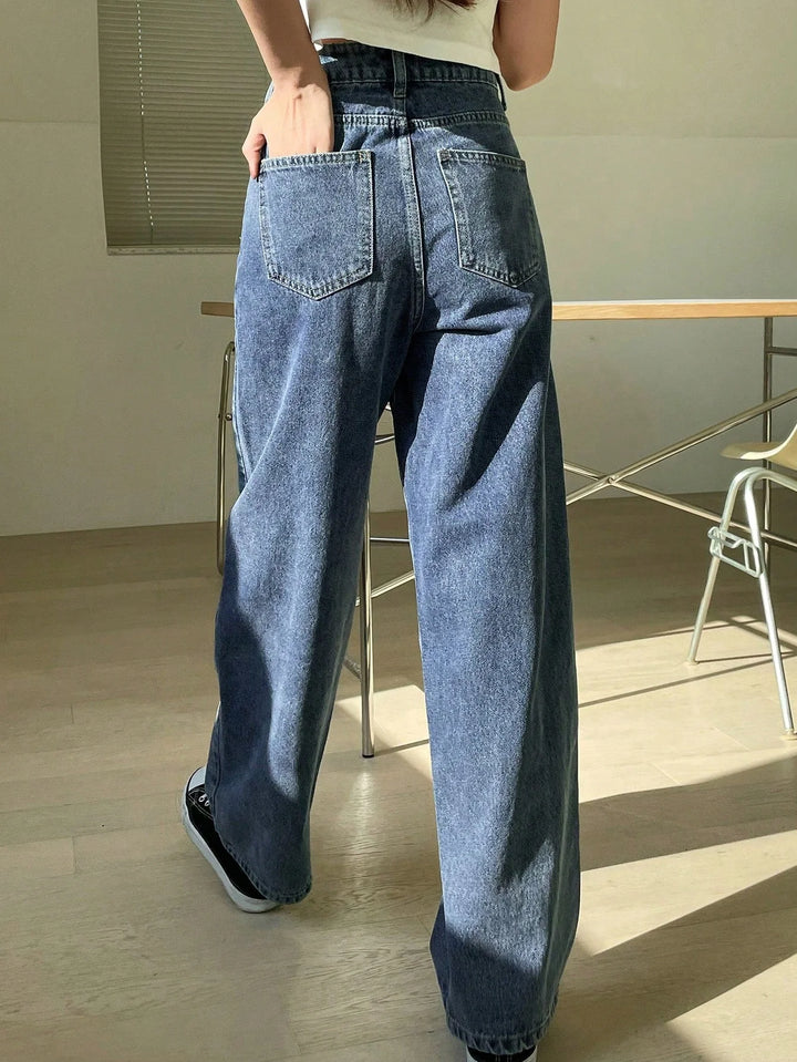 Women's High-Waisted Wide Leg Jeans - Medium Blue Washed Denim, Relaxed Fit for Effortless Style 3