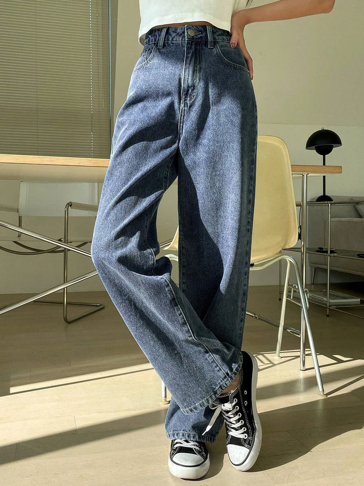 Women's High-Waisted Wide Leg Jeans - Medium Blue Washed Denim, Relaxed Fit for Effortless Style 4