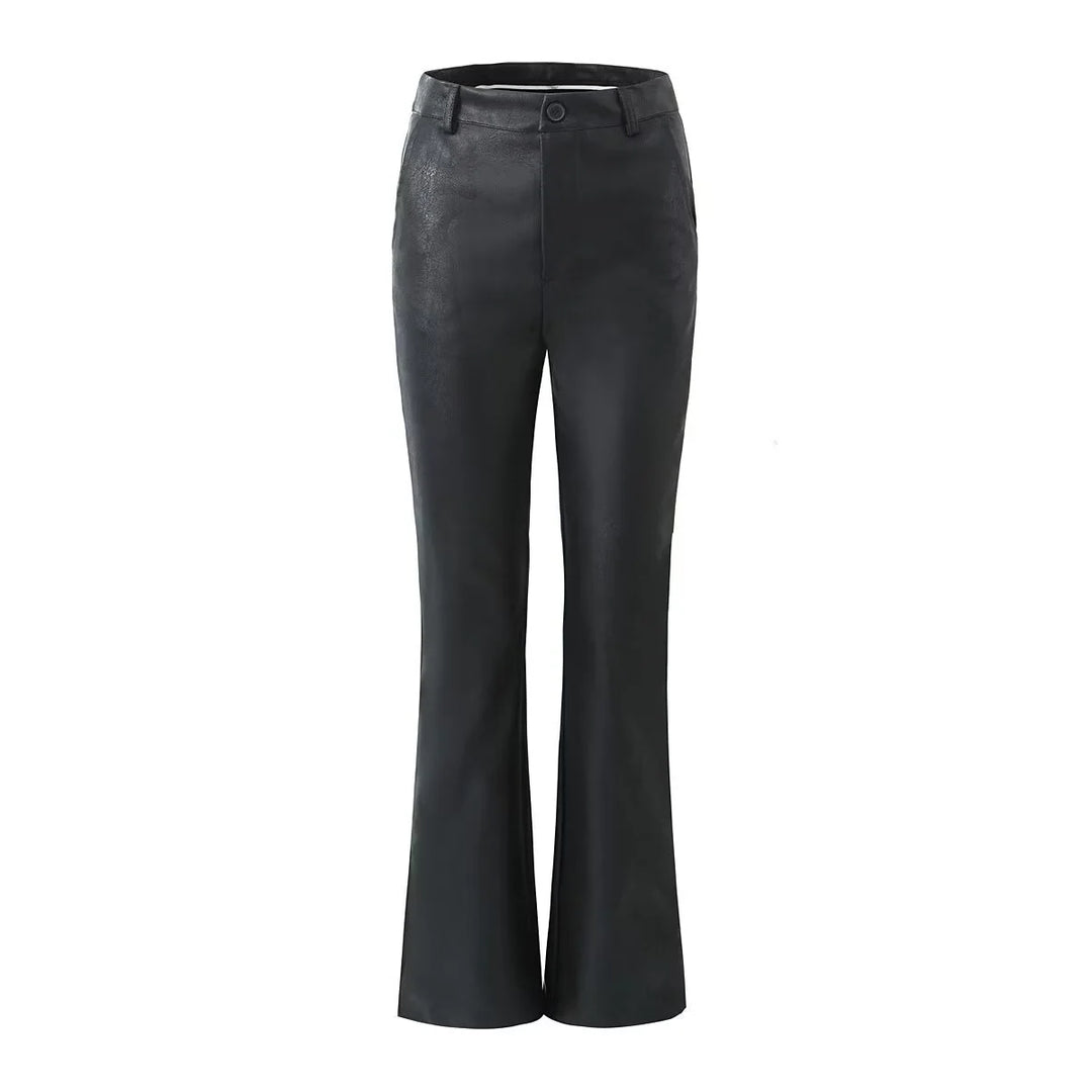 Women's High Waist Flared Faux Leather Trousers Elegant Fit Casual Chic Pants 0