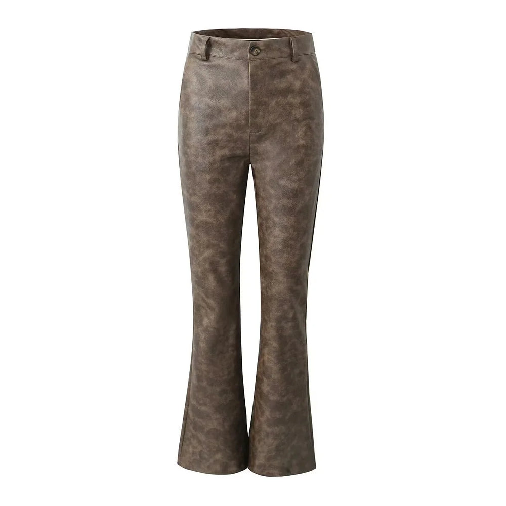 Women's High Waist Flared Faux Leather Trousers Elegant Fit Casual Chic Pants 1