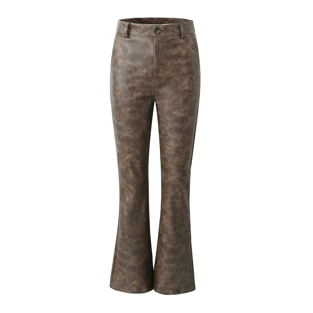 Women's High Waist Flared Faux Leather Trousers Elegant Fit Casual Chic Pants 1