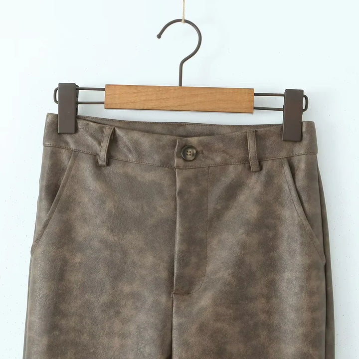 Women's High Waist Flared Faux Leather Trousers Elegant Fit Casual Chic Pants 4