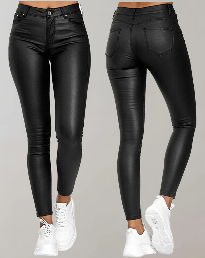 Women's High Waist Skinny Trousers with Pockets - Sleek PU Leather Design for Modern Style 1