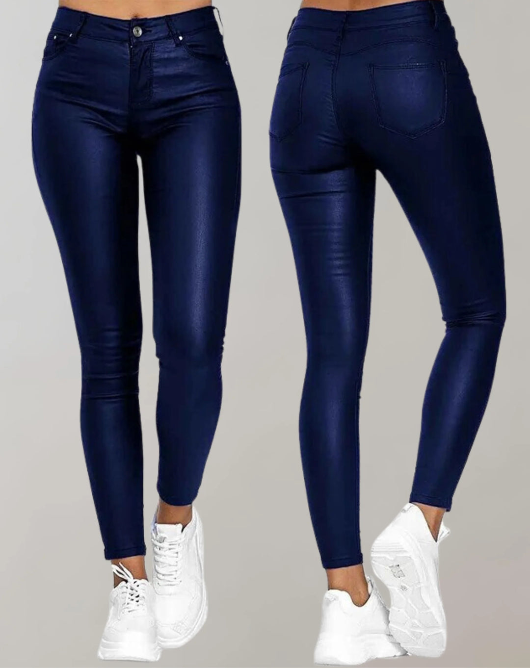 Women's High Waist Skinny Trousers with Pockets - Sleek PU Leather Design for Modern Style 2