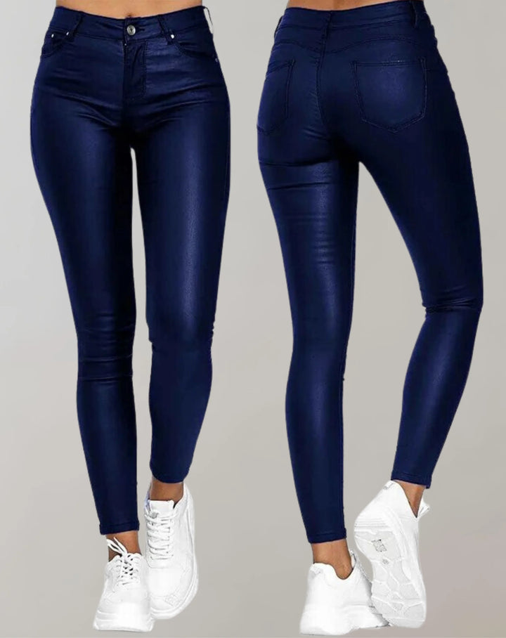 Women's High Waist Skinny Trousers with Pockets - Sleek PU Leather Design for Modern Style 2